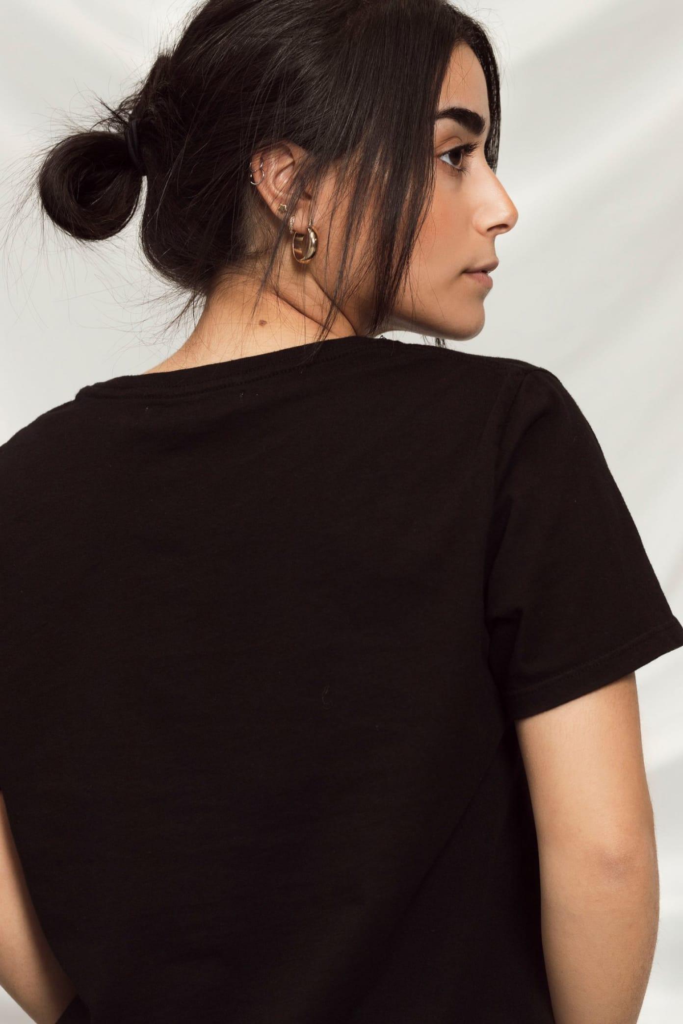 Back of women's Basic Tee in black.